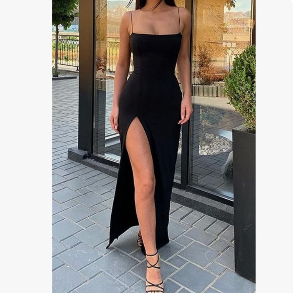 Black cotton spaghetti strap maxi dress with slit